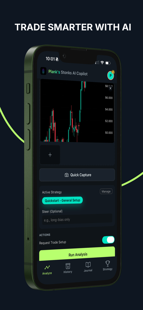 Stonks AI - Tela de celular mostrando o aplicativo Stonks AI com um gráfico de negociação e ferramentas de análise