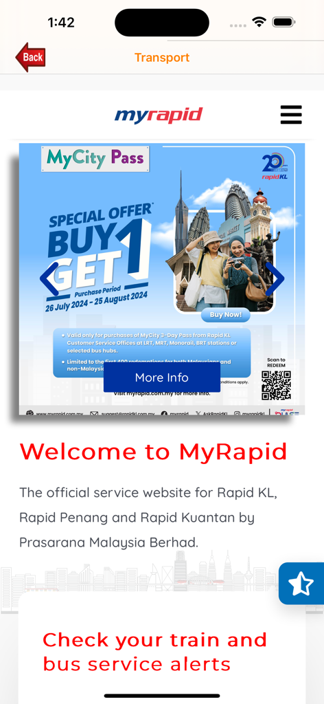 Visit Malaysiaアプリの公共交通機関ポータル画面。MyRapidの公共交通機関サービスと旅行パスのプロモーションが表示されています。