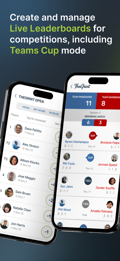 TheGrint: Golf GPS & Scorecard - TheGrint 앱 화면이 라이브 리더보드와 골퍼를 위한 경쟁적인 팀스 컵 모드를 표시합니다.