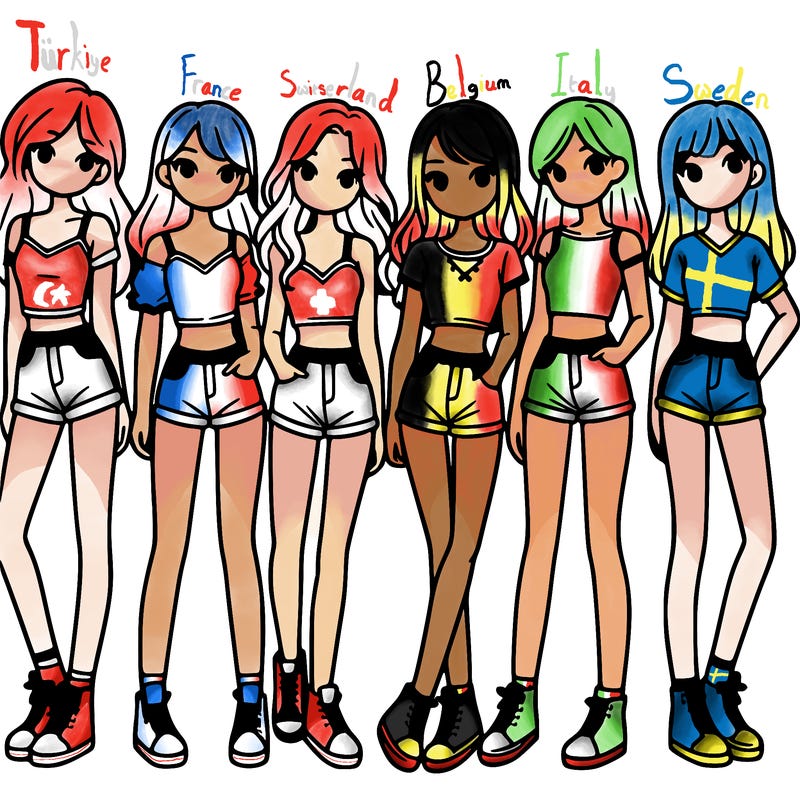 a group of girls wearing crop tops and shorts