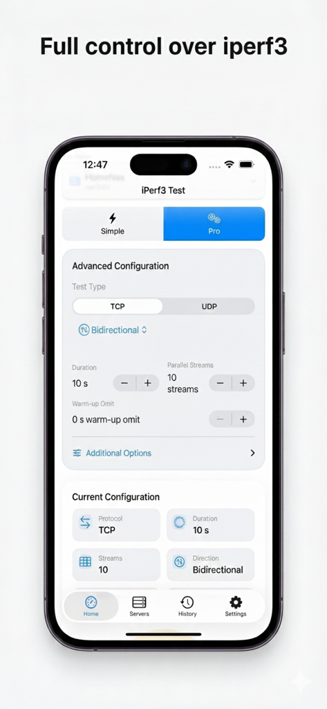 iPerf3 Client & Server - Advanced network test configuration in iPerf3 app on iPhone