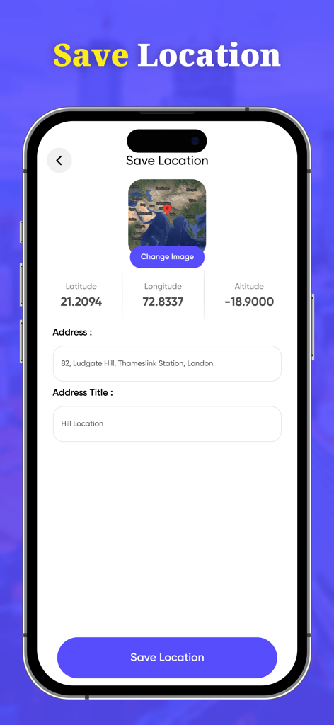 Change Location & Save GPS - Save location interface showing latitude longitude and altitude coordinates with address details