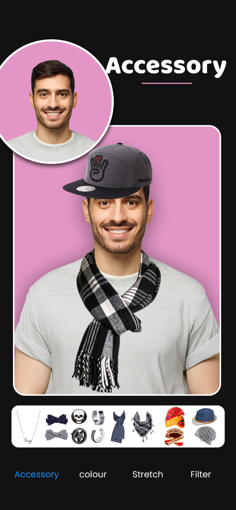 Man Hair Style Editor : Smarty - Photo editing app interface showing a man wearing a digital hat and scarf with a menu of various accessories.