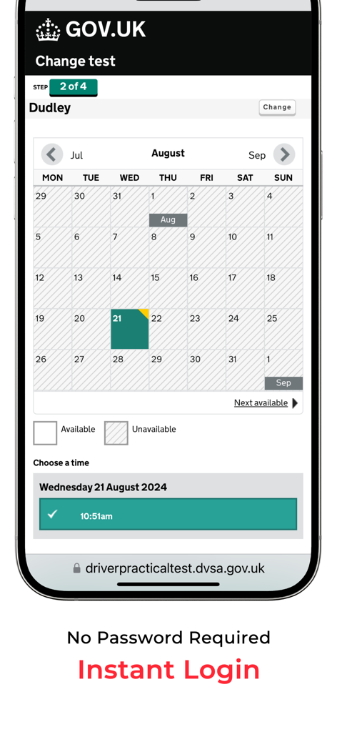 Testi Driving Cancellations UK - Interfaccia mobile che mostra l'accesso istantaneo al sistema di prenotazione degli esami di guida nel Regno Unito
