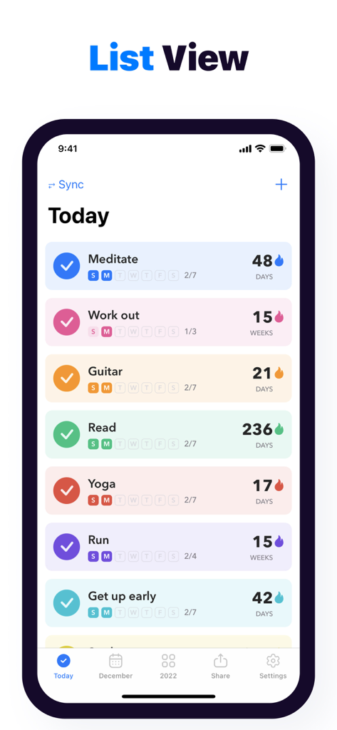 Habit Tracker - Evoday - Vista de lista estética de la aplicación rastreadora de hábitos Evoday que muestra metas diarias y rachas