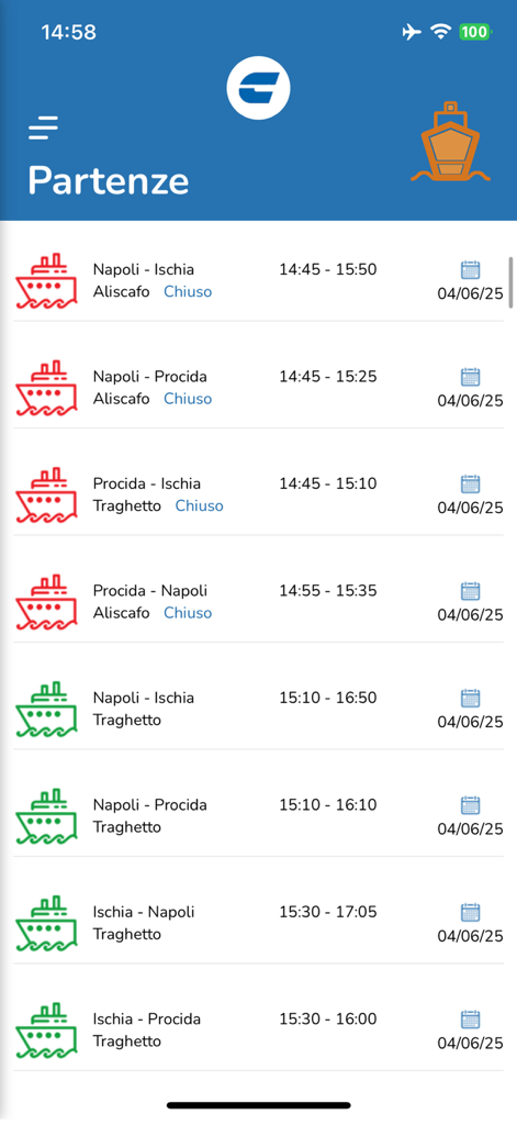 MyCaremar - MyCaremar app displaying real-time ferry departure times for Naples Ischia and Procida