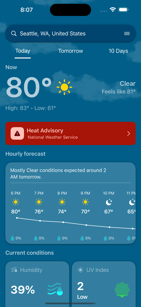 Tenki Weather app screen showing temperature and hourly forecast for Seattle