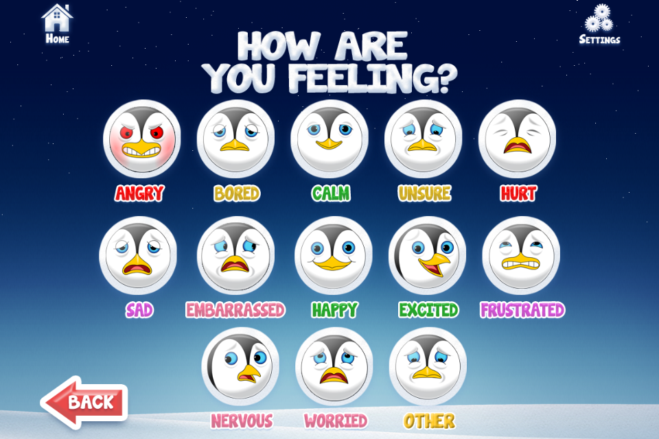 Positive Penguins app screen showing different penguin faces for kids to identify their emotions.