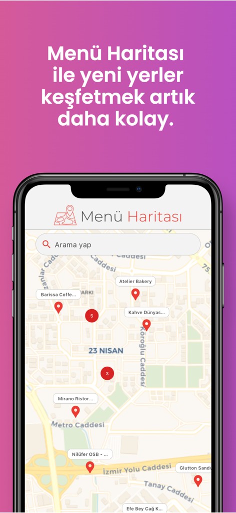 Menü Haritası: QR Kod Menü Oku - Smartphone screen displaying the Menu Haritasi app showing a map with restaurant location pins and a search bar