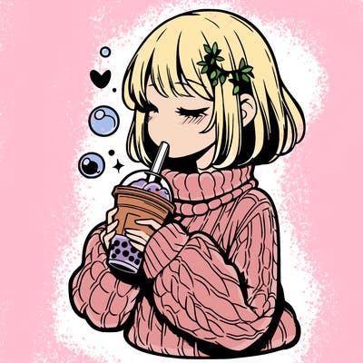 manga girl drinking boba in cozy sweater