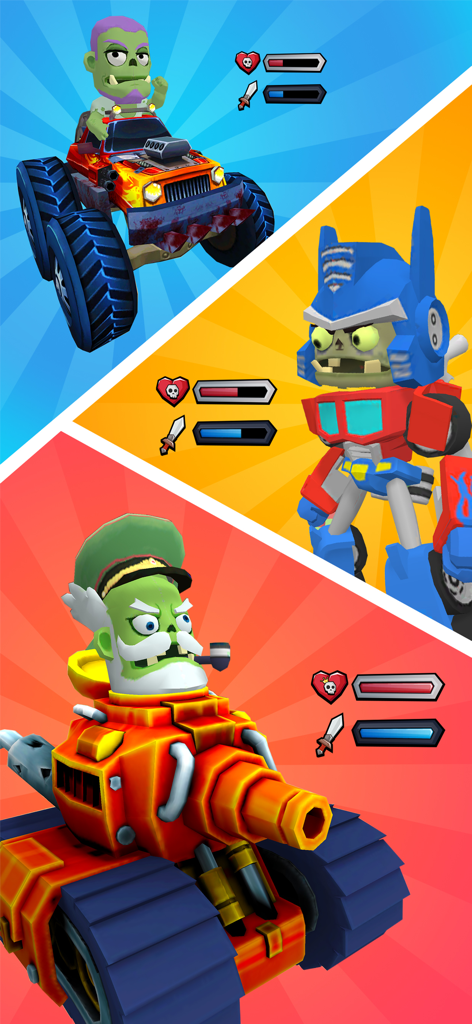 Merge Master: Idle Zombie War - Three 3D zombie characters in a monster truck a robot suit and a military tank with health and attack bars