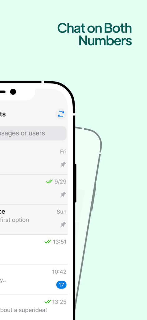 채팅 목록과 듀얼 번호 지원을 보여주는 Messenger for Web and AI 모바일 인터페이스.
