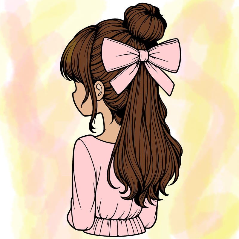 realistic girl  with hip length hair a bun and a big bow on the back of head