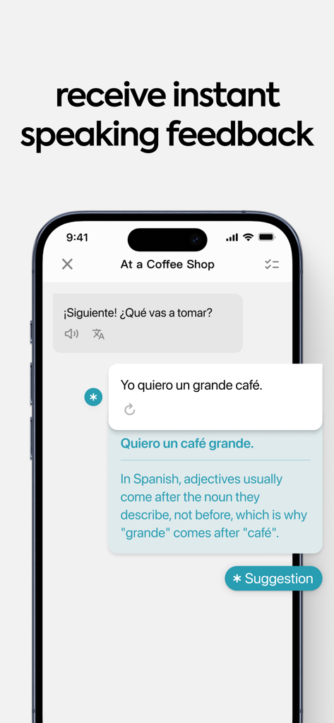 Oberfläche der Speak App, die KI-Feedback zu spanischer Grammatik für die Bestellung von Kaffee anzeigt