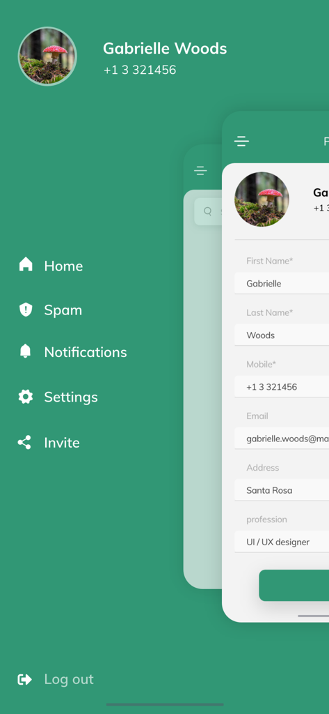 Number Book - Spam & Block - Seitenmenü und Benutzerprofilinformationen in der Benutzeroberfläche der Number Book App.