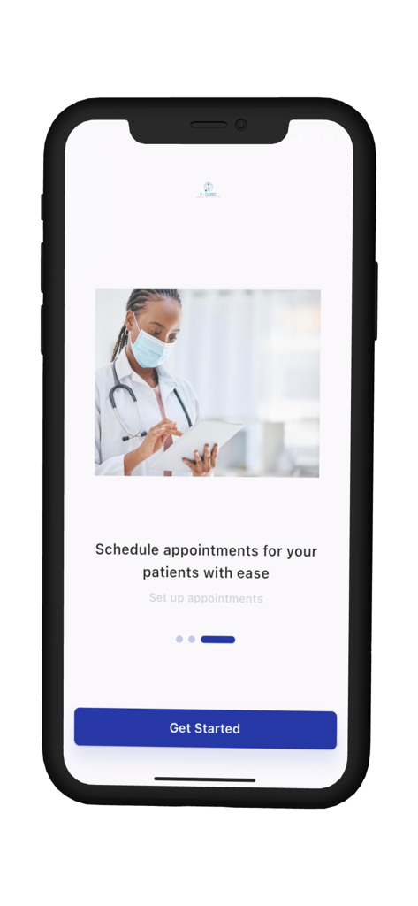 Ganat E-Clinic: Health Workers - A medical professional in a mask using a tablet on the onboarding screen of the Ganat E-Clinic Health Workers app featuring patient appointment scheduling.