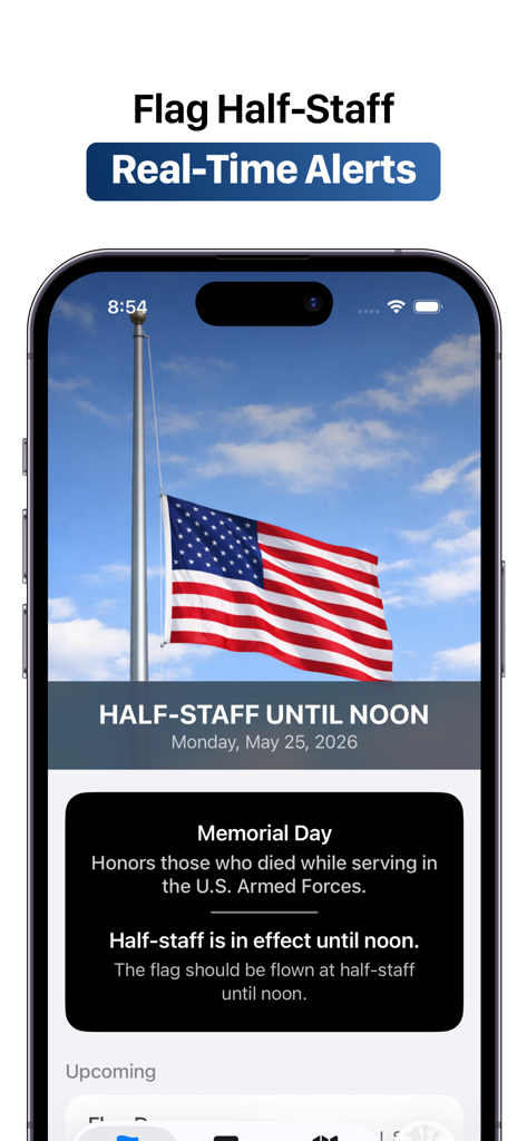 Half-Staff Flag Alerts - Smartphone screen displaying a real-time half-staff flag alert for Memorial Day