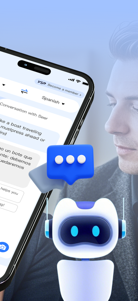Seer Translator:AI Translation - Seer Translator app interface featuring an AI robot character and a Spanish language conversation.
