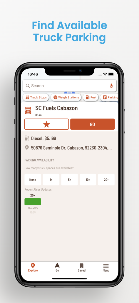 A mobile screenshot of the Hammer Truck GPS app showing truck parking availability and diesel prices at a fuel station