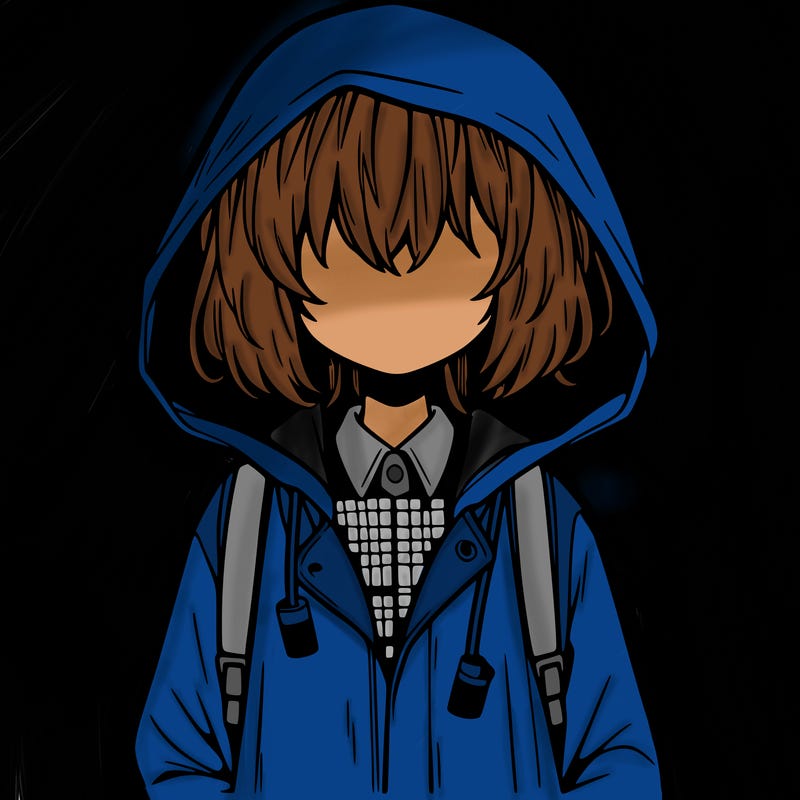 little anime girl in a raincoat her hair is covering her eyes she has a lighter
