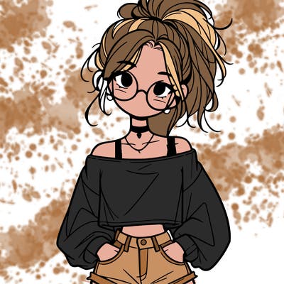 girl with a messy ponytail glasses a baggy crop top and jean shorts