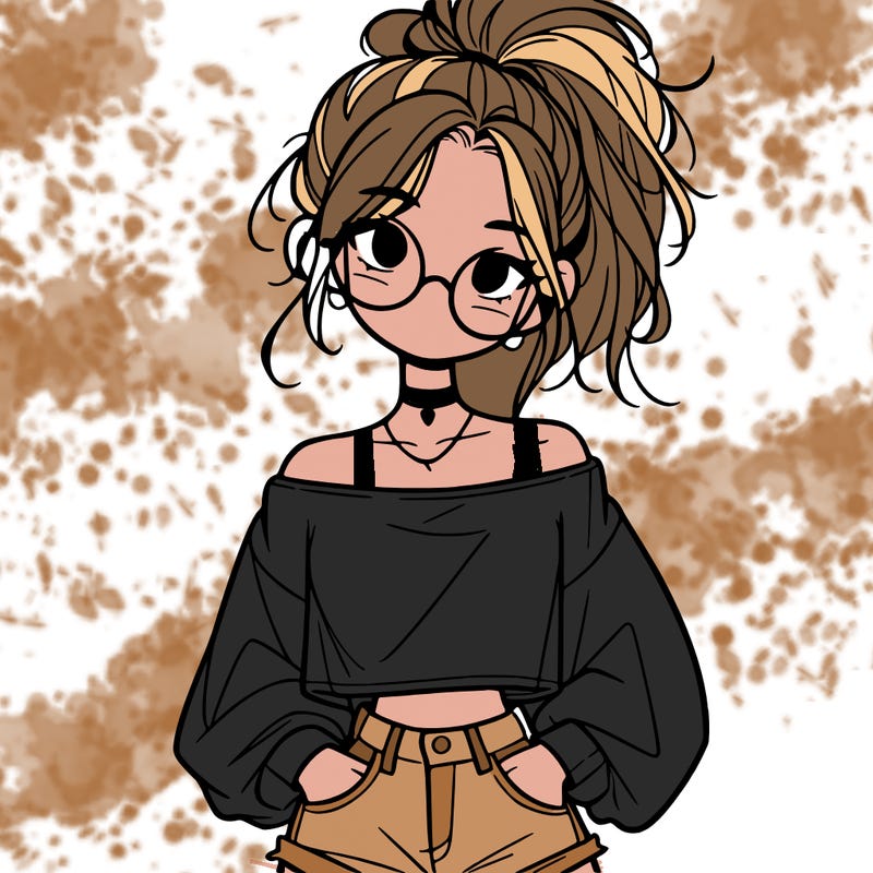girl with a messy ponytail glasses a baggy crop top and jean shorts
