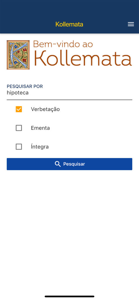 ブラジルの不動産・公証法学説リサーチのためのKollemataアプリ検索画面