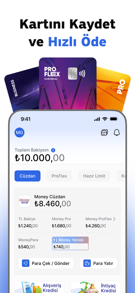 Money: Migros Kampanya, Finans - Money Migros app mobile dashboard showing total balance and digital wallet features