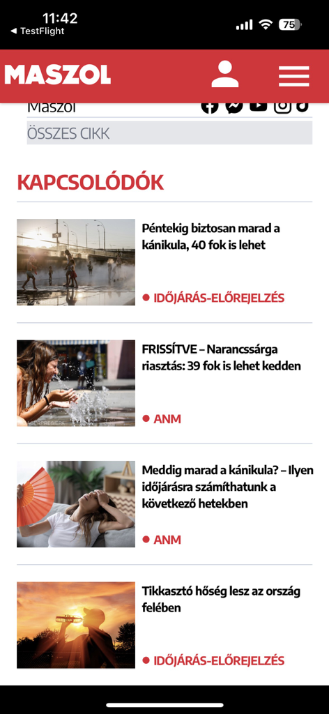 Captura de pantalla de la aplicación móvil Maszol mostrando una lista de artículos de noticias en húngaro sobre pronósticos meteorológicos y noticias locales