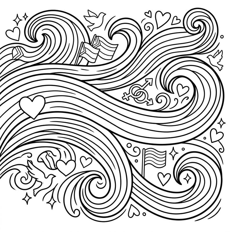 Embrace the spirit of love and diversity with this unique coloring page, blending the dynamic flow of the Westerlies with heartfelt Pride symbols. Perfect for celebrating unity and creativity through art.