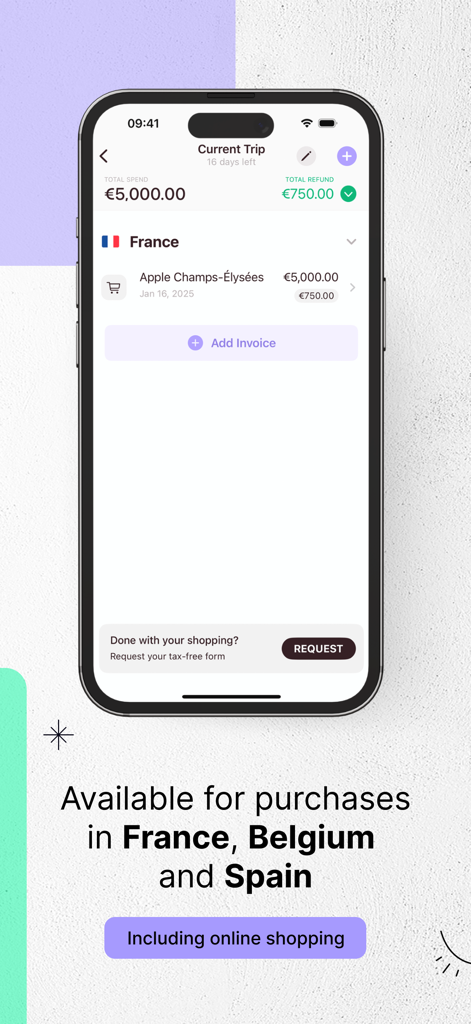 Zapptax — Shop Tax Free - Smartphone screen of Zapptax app showing a 750 Euro VAT refund for shopping in France, Belgium, and Spain.