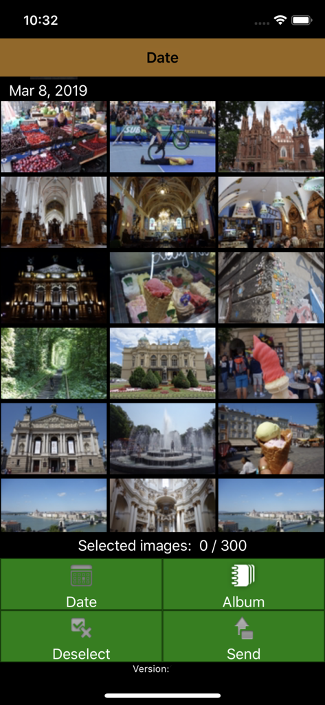 FUJIFILM WPS Photo Transfer - FUJIFILM WPS Photo Transfer app showing a grid of photos to select for printing with menu buttons for date and album