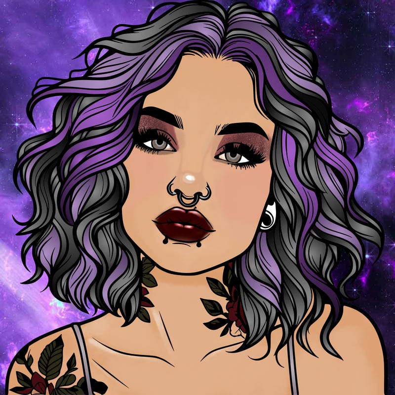 realistic woman with septum piercing and wavy hair and tattoos