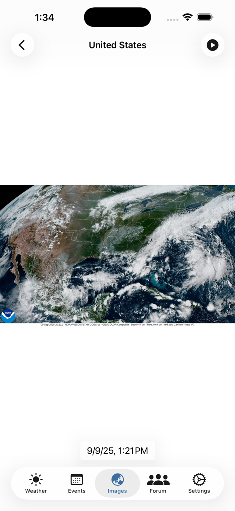 Astroweather - astronomy tools - Astroweatherアプリにおける米国全土の雲のパターンの衛星ビュー