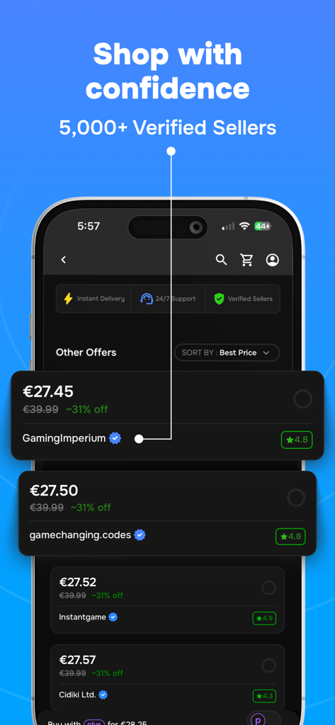 Interfaz de la aplicación Driffle que muestra una lista de vendedores verificados con precios y calificaciones de llaves de juegos