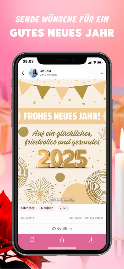 Congratulations Videos & Pics - A smartphone displaying a festive Happy New Year 2025 digital greeting card with gold decorations