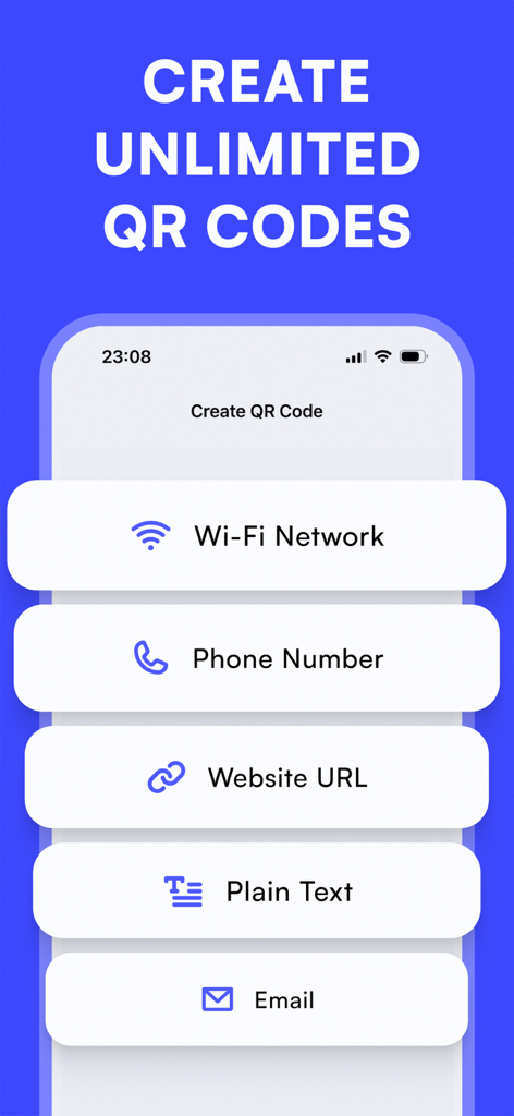 Screen showing options to create unlimited QR codes for Wi-Fi networks, phone numbers, website URLs, plain text, and emails.