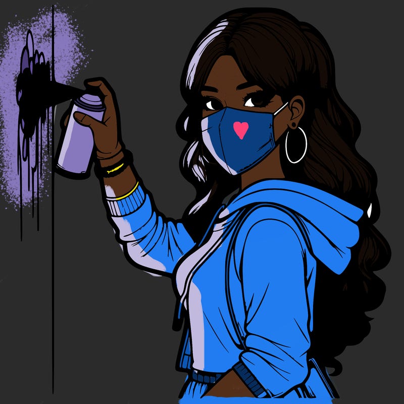 realistic girl with mask spray painting a wall