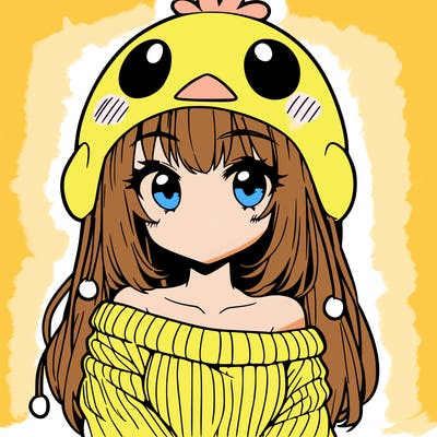 anime girl with chick shaped hat with sweater with bare shoulders with bangs covering them one eye with low tail
