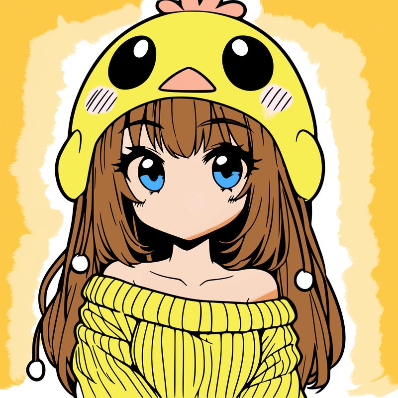 anime girl with chick shaped hat with sweater with bare shoulders with bangs covering them one eye with low tail