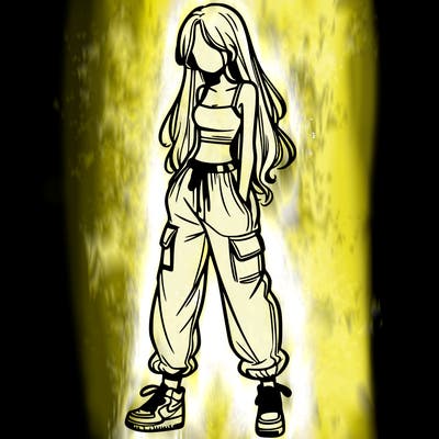 girl in baggy pants crop top and long hair