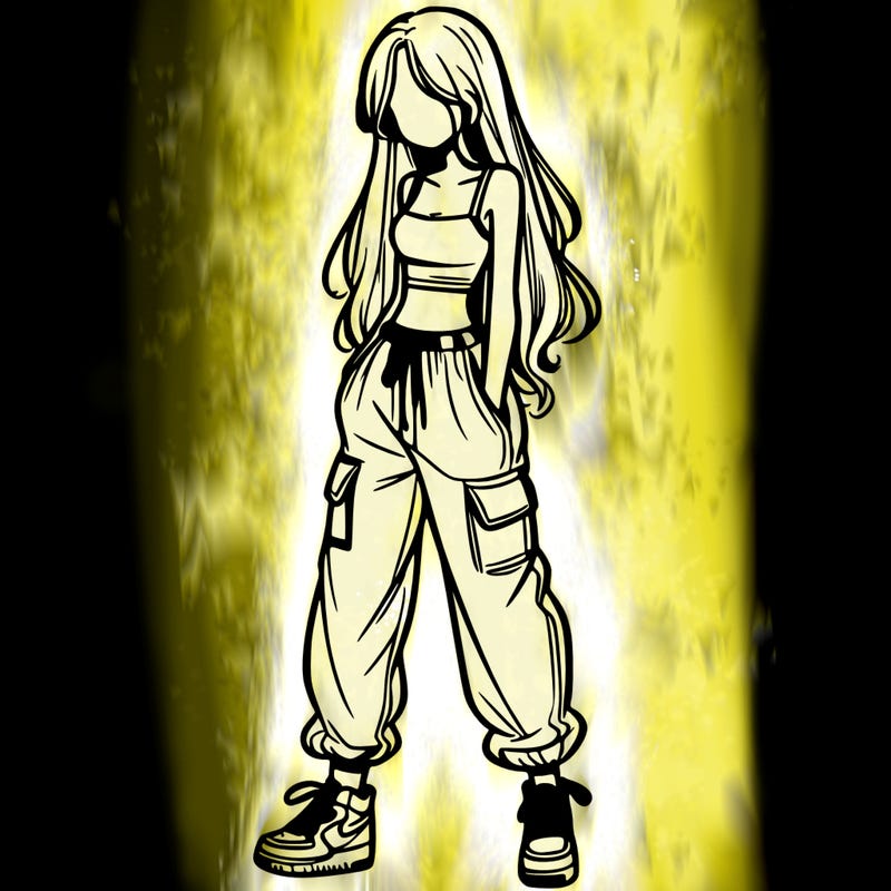 girl in baggy pants crop top and long hair