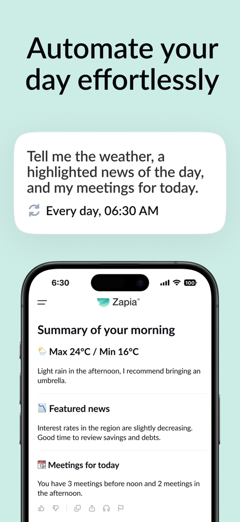 Zapia AI - Personal Assistant - Un smartphone que muestra la aplicación Zapia AI con un resumen matutino que incluye clima, noticias y reuniones diarias.