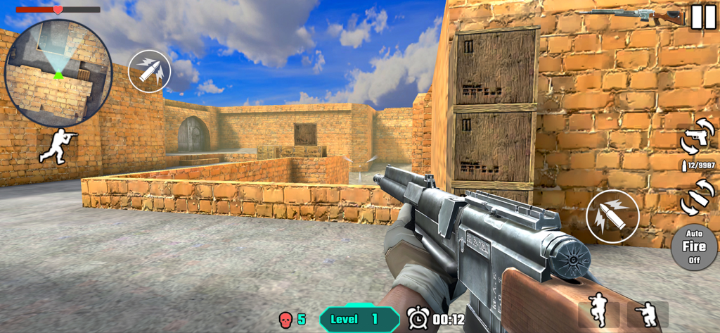 Gun Shoot War：Force Strike - First person shooter gameplay showing a rifle in a desert battleground