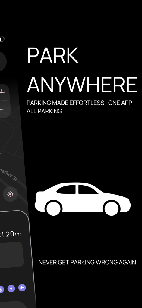 Parc - Parc mobile app splash screen with a car icon and text saying park anywhere
