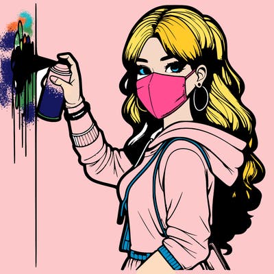 realistic girl with mask spray painting a wall