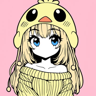 anime girl with chick shaped hat with sweater with bare shoulders with bangs covering them one eye with low tail
