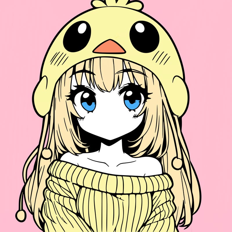anime girl with chick shaped hat with sweater with bare shoulders with bangs covering them one eye with low tail