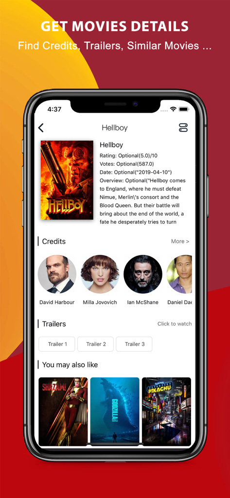 Tea TV app screenshot displaying movie details for Hellboy including cast credits trailers and similar movie recommendations.