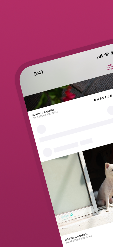 Cameramark: Photo Exif Frame - Mobile app interface showing a feed of photos with professional camera Exif metadata and minimalist frames